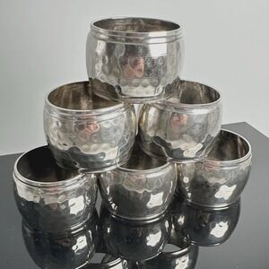 Vintage Hammered Silverplate Wide Napkin Rings Set of 6 Mid Century Table Decor